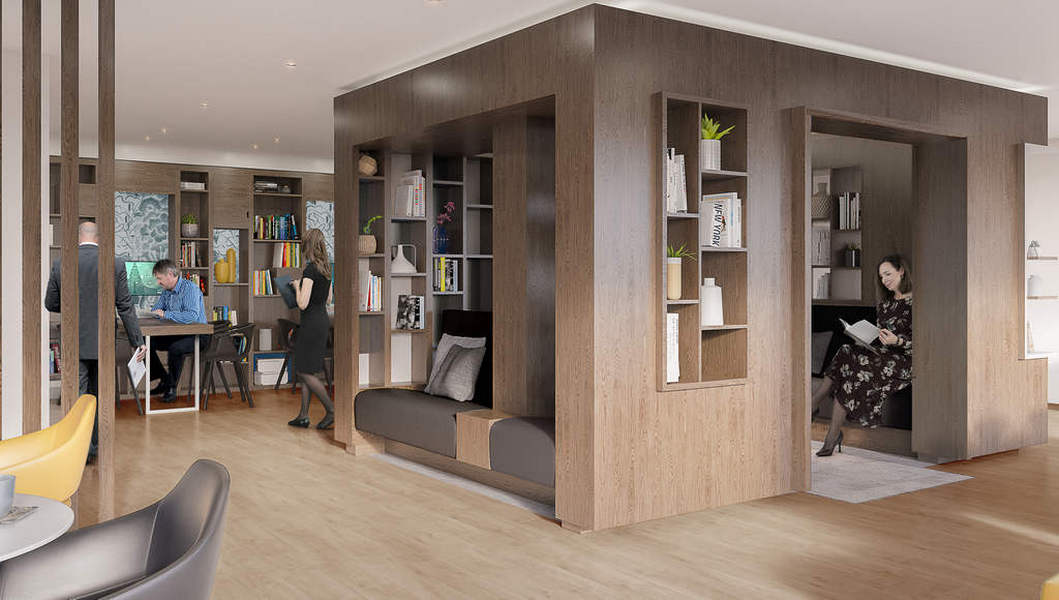  : Le « Live Cube », notre salon central confortable avec sa belle bibliothèque